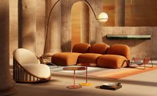 1970s inspired lounge with velvet sofa and arched floor lamp, with render of roman ruins in the background