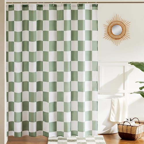 Ohocut Checkered Shower Curtain, Sage Green Shower Curtains for Bathroom, Cute Retro Checkerboard Vintage Aesthetic, Machine Washable Fabric Bath Curtain, 180x180cm