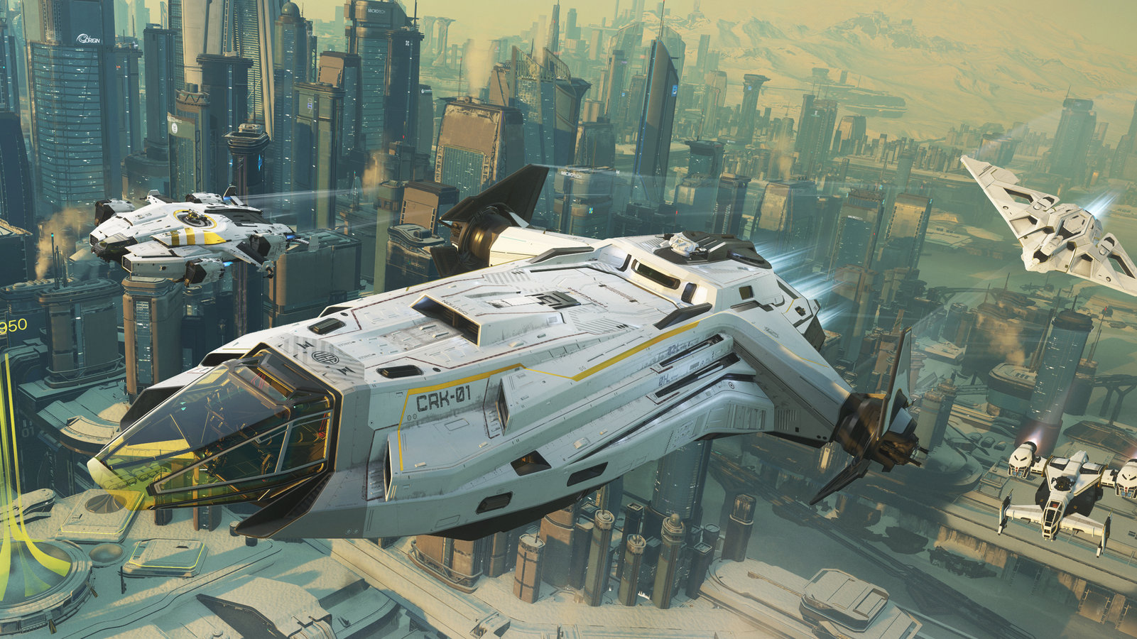 Three white starships fly over a future city.