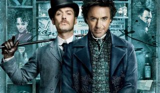Sherlock Holmes Jude Law and Robert Downey Jr stand togther