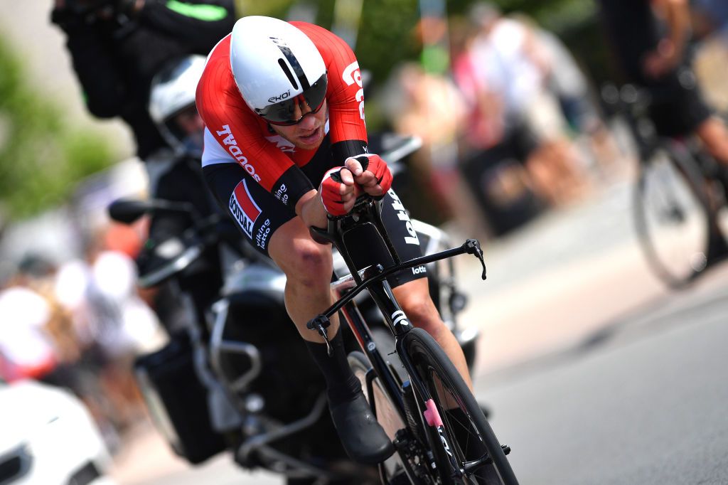 GAVERE BELGIUM JUNE 23 Frederik Frison of Belgium sprints during the 123rd Belgian Road Championship 2022 Mens Individual Time Trial a 348km individual time trial one day race from Gavere to Gavere ITT BelgianCycling140 on June 23 2022 in Gavere Belgium Photo by Luc ClaessenGetty Images