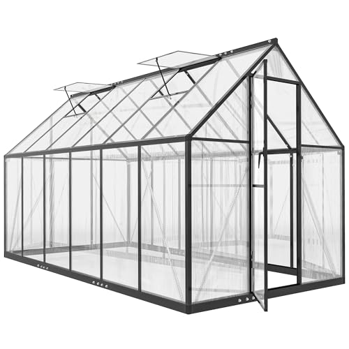 Outsunny 11x6 Ft Polycarbonate Greenhouse With Swing Door and Two Adjustable Roof Vents, Aluminum Walk-In Greenhouse Outdoor Greenhouse for Patio Garden Backyard, Black