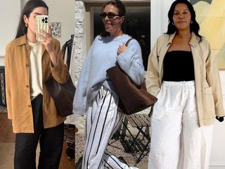 fashion collage of three influencers wearing chic transitional fall outfits with linen pants