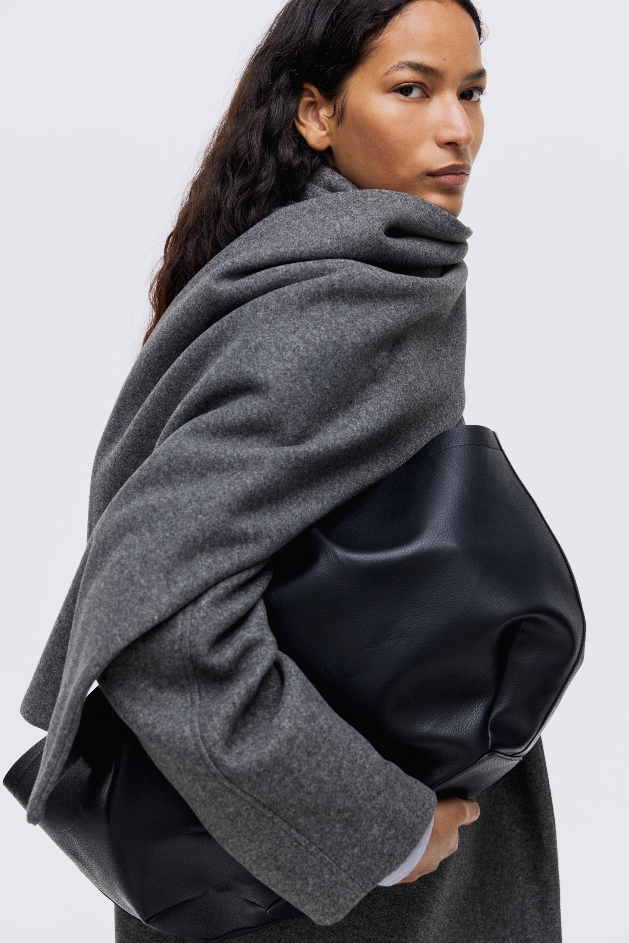 Scarf-Detail Coat - Dark Grey Marl