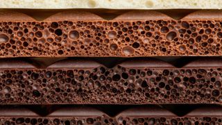Cross section of white, milk, dark and darker chocolate bars