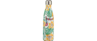 Tropical themed water bottle with bird and flowers
