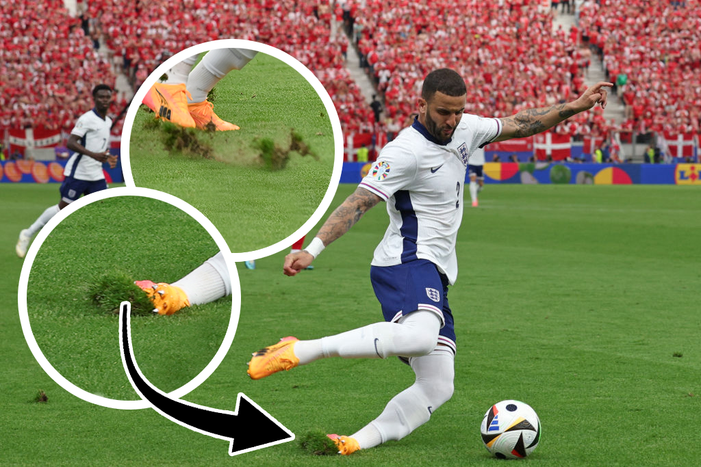 Kyle Walker slips as the turf cuts up in Frankfurt during England vs Denmark at Euro 2024