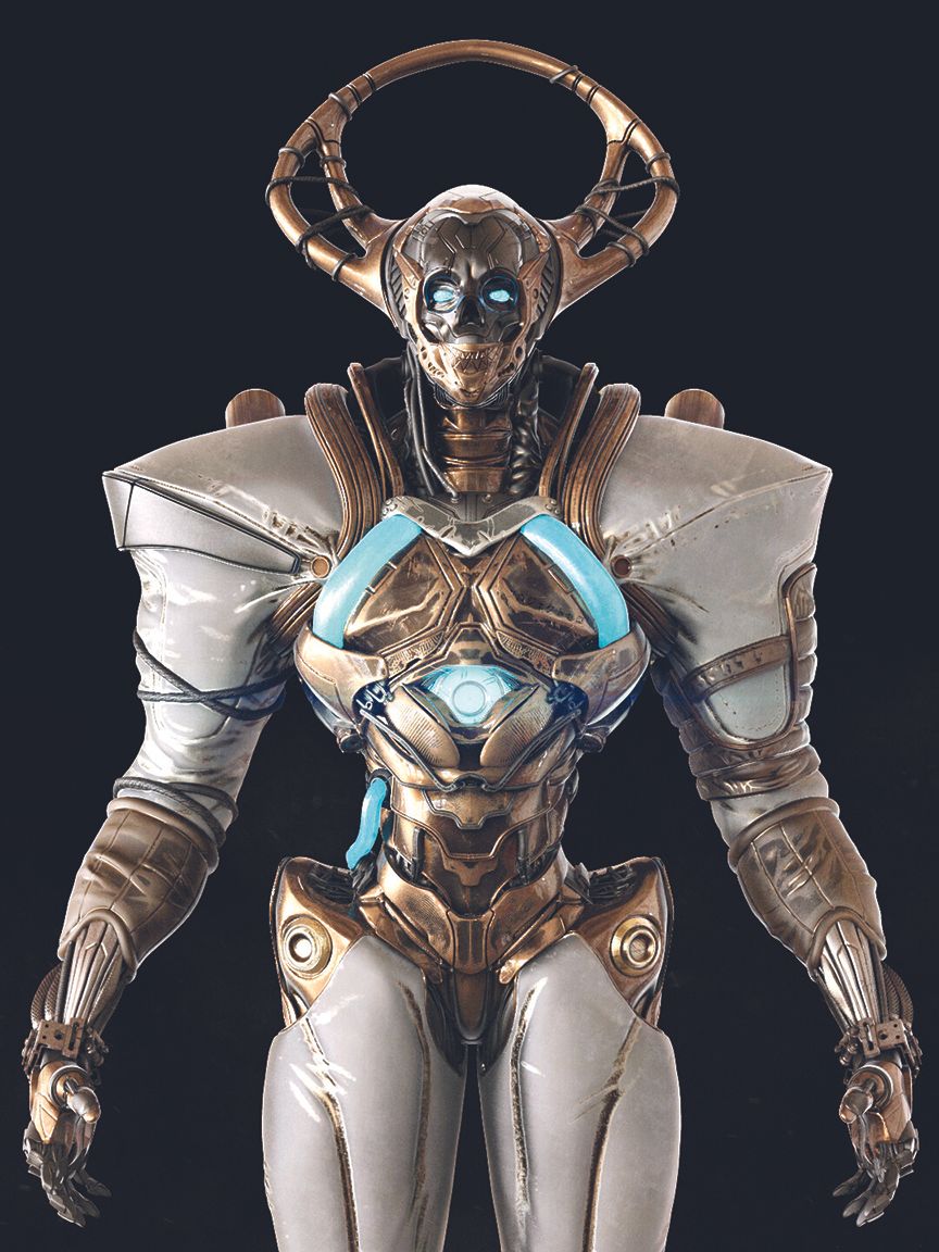 Armadura futurista cybernetic com detalhes de metal e emissives brilhantes