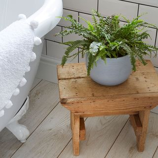 bathroom with wooden table and potted plant on it