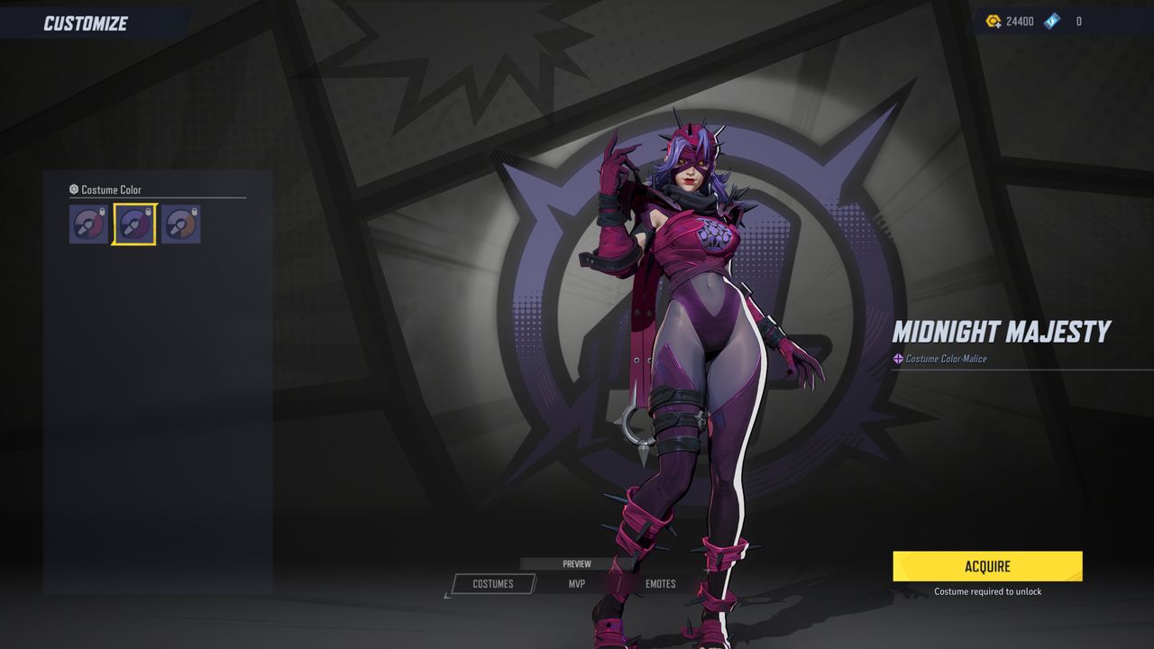 Marvel Rivals costume customisation: The Midnight Majesty colour for Invisible Woman.