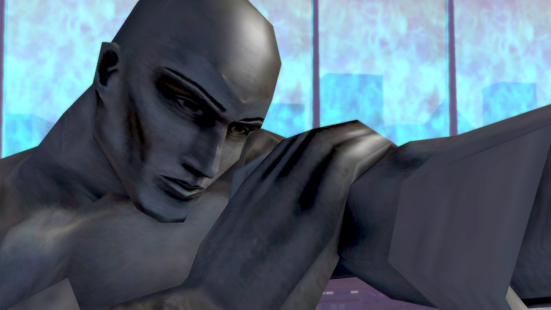 A statue aims a power blast in the Rikti War Zone of City of Heroes: Homecoming.