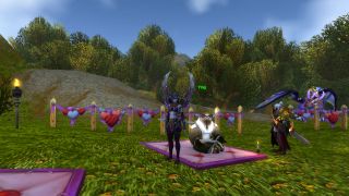 WoW Love yourself, your way - a night elf demon hunter is standing next to a pandaren vendor called Ying in a grassy field with trees behind