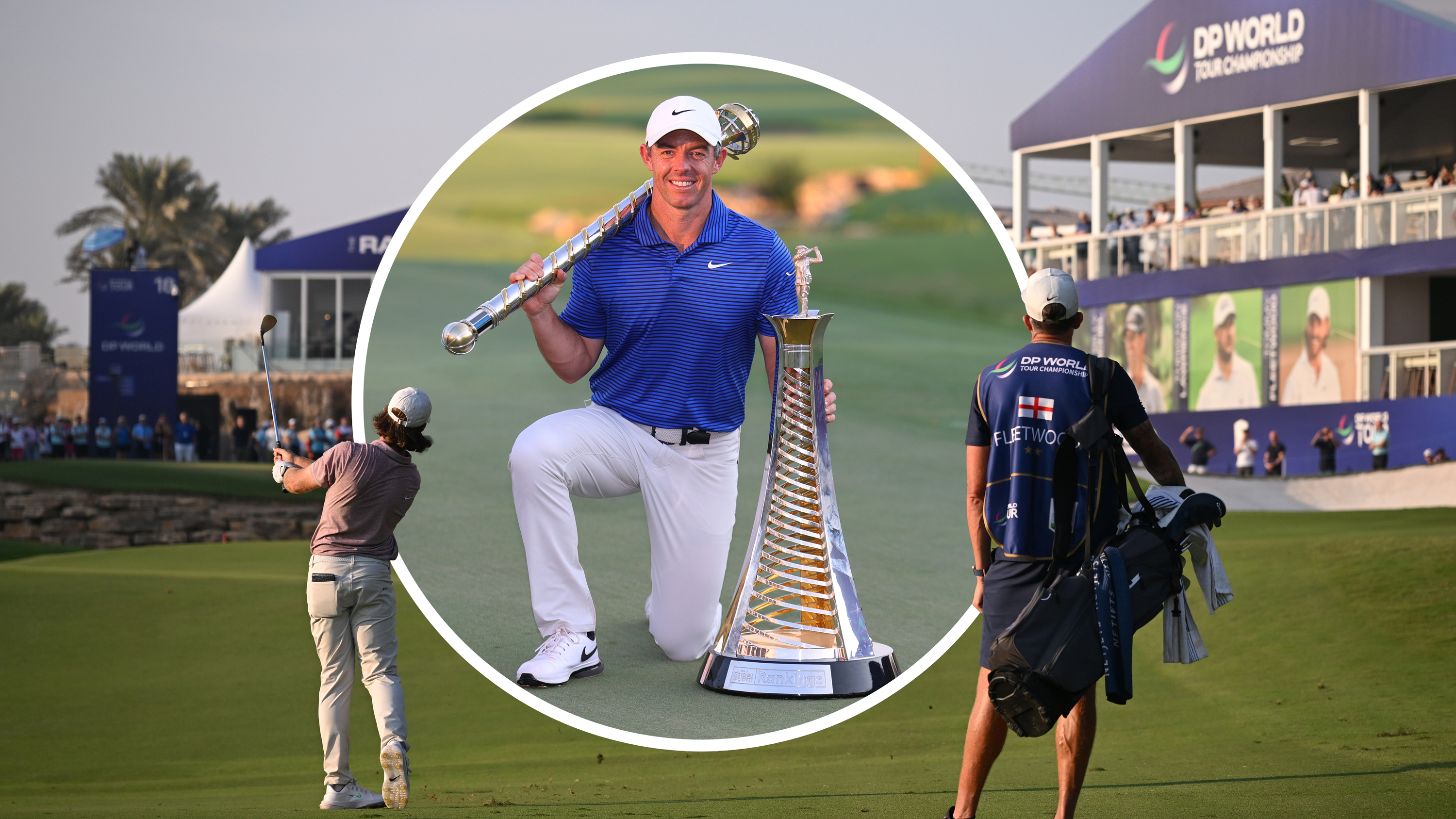 Tommy Fleetwood hitting an approach shot at the DP World Tour Championship, in front of the grandstands, with an inset image of Rory McIlroy with the Tour Championship and Race To Dubai trophies