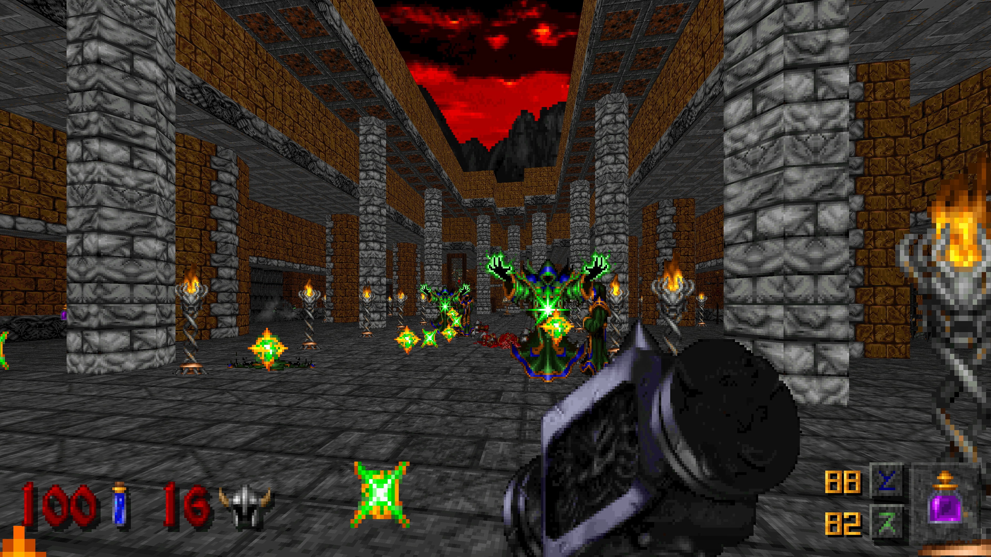 In-game screenshots of the player fighting wizards in Heretic+Hexen