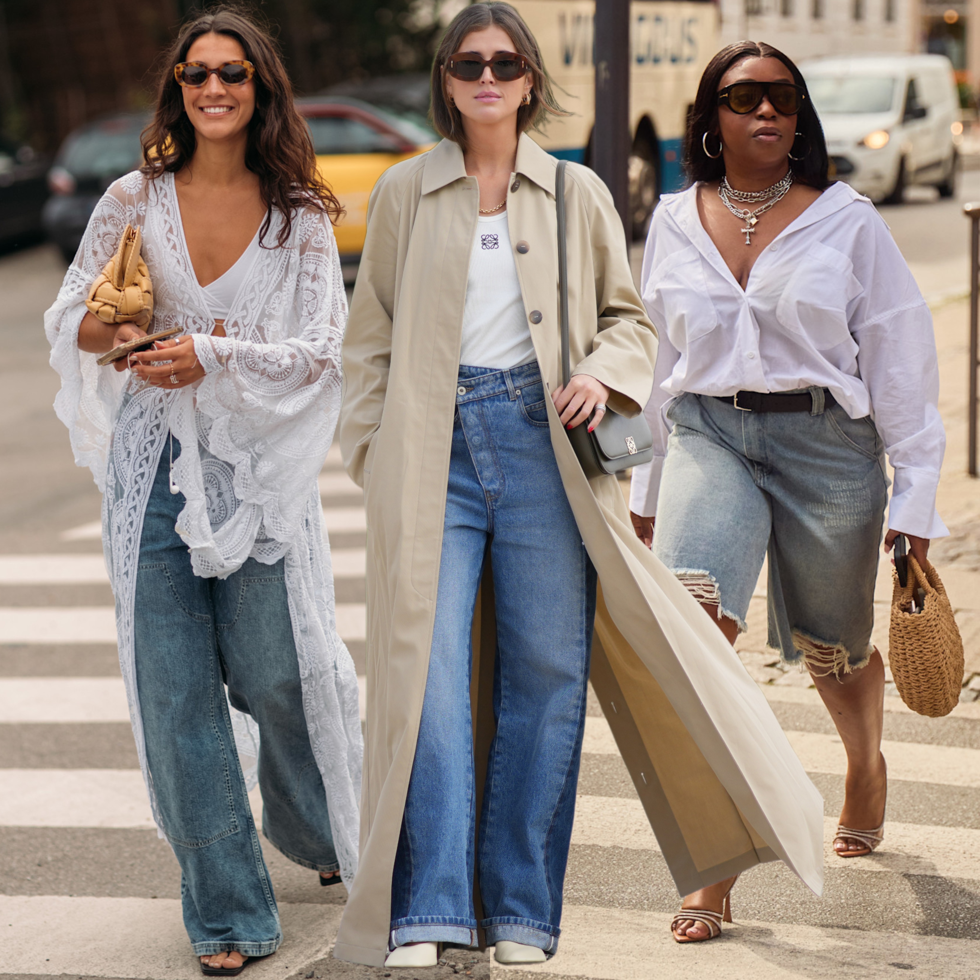 collage of women wearing denim trends