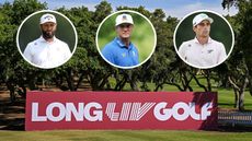 A red Long LIV Golf sign with insets of Jon Rahm, Bryson DeChambeau and Joaquin Niemann