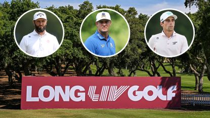 A red Long LIV Golf sign with insets of Jon Rahm, Bryson DeChambeau and Joaquin Niemann