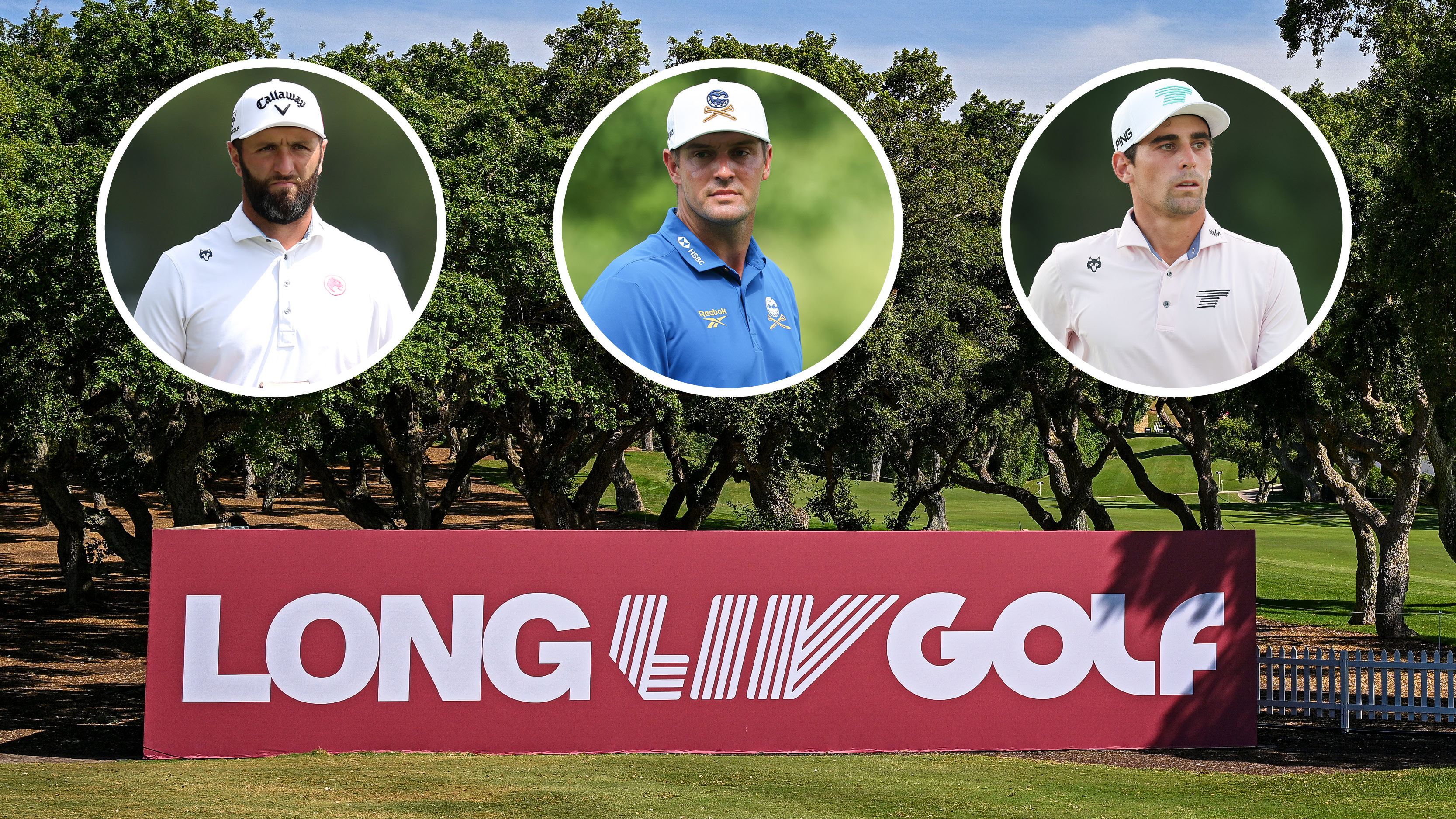 A red Long LIV Golf sign with insets of Jon Rahm, Bryson DeChambeau and Joaquin Niemann