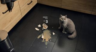 An Ikea advert showing a broken mug beside a cat