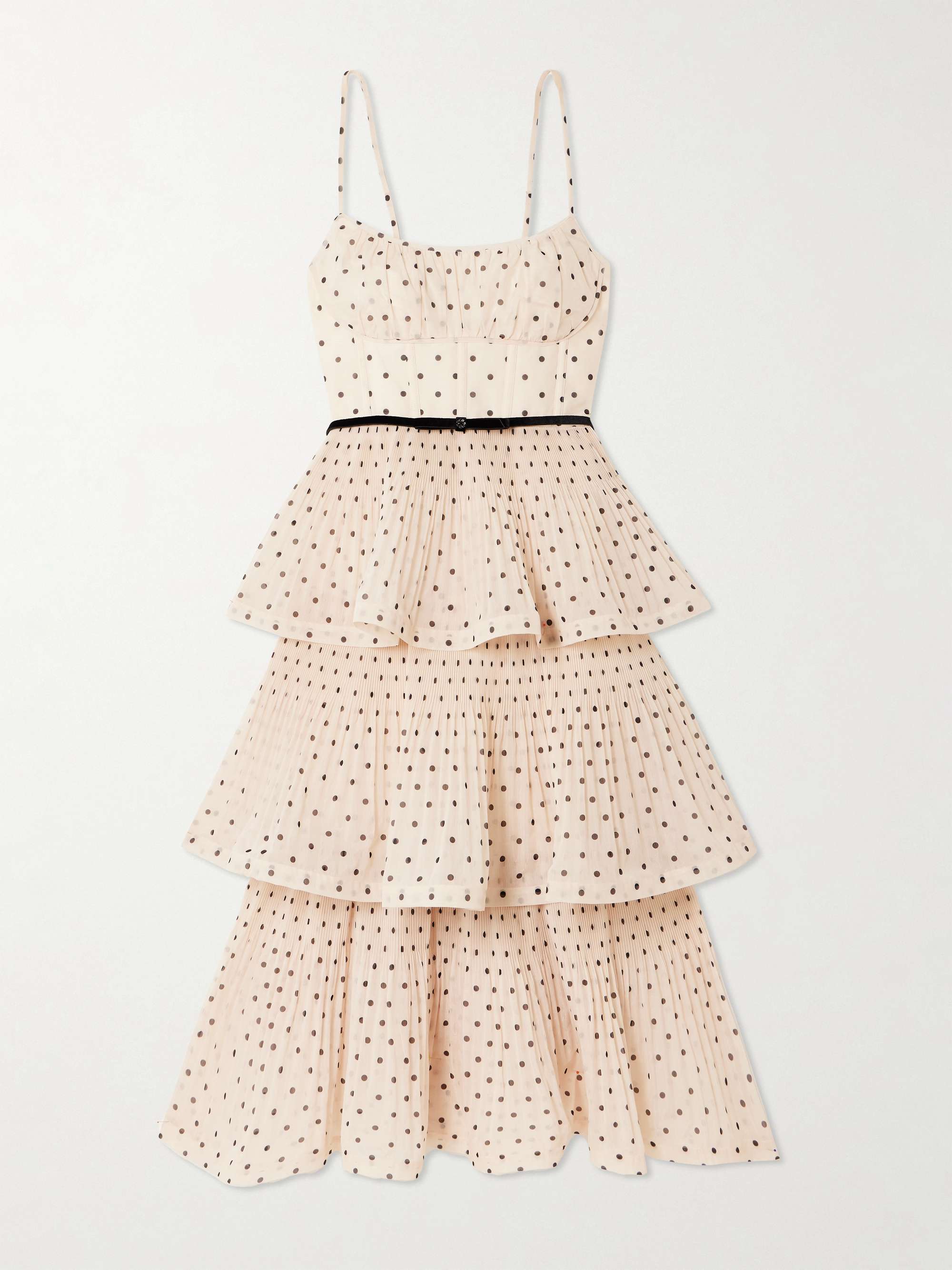 Pleated Tiered Polka-Dot Organza Midi Dress