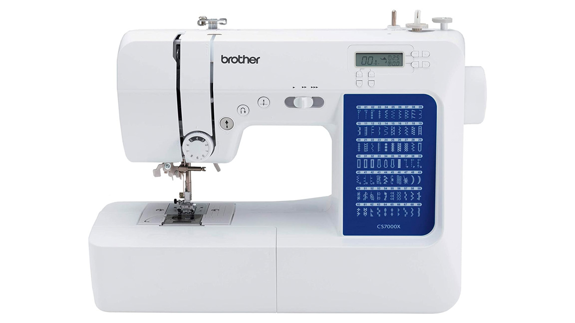 Best Sewing Machines For Quilting;  a white sewing machine with a blue panel