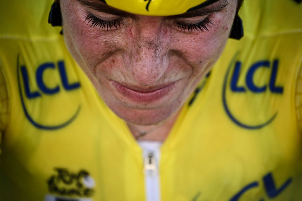 Team SD Worx - Protime&#039;s Dutch rider Demi Vollering reacts after losing her overall leader yellow jersey at end of the 5th stage of the Tour de France Femmes