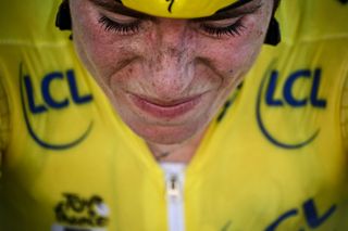 Team SD Worx - Protime's Dutch rider Demi Vollering reacts after losing her overall leader yellow jersey at end of the 5th stage of the Tour de France Femmes