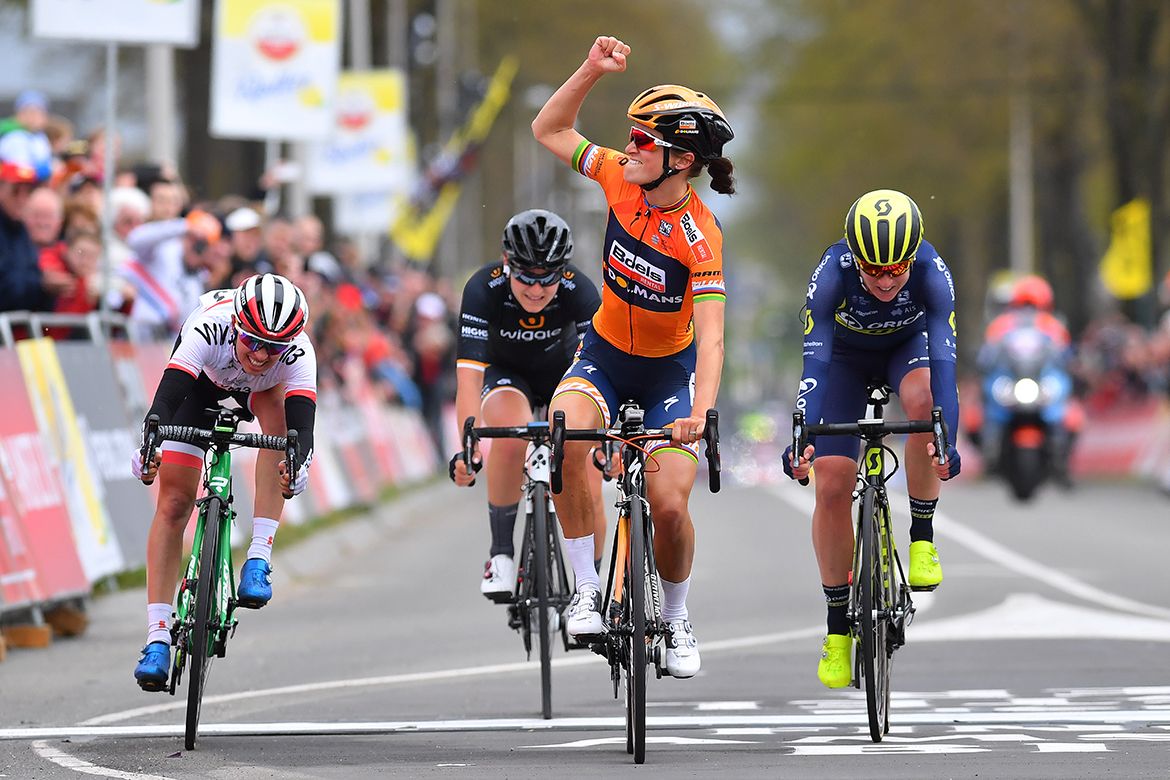 Lizzie Deignan celebrates the Boels one-two