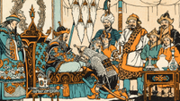 a colorized woodcut depicting Genghis Khan, his wife and his sons in a throne room