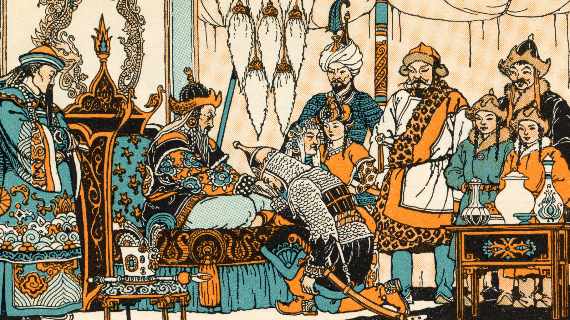 a colorized woodcut depicting Genghis Khan, his wife and his sons in a throne room