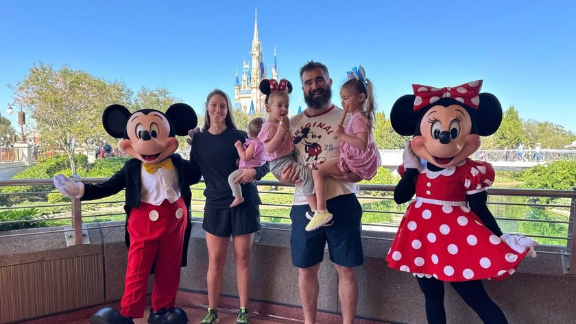 NFL star Jason Kelce shares a magical family moment with Mickey and Minnie Mouse at Walt Disney World Resort in Lake Buena Vista, Fla. Kelce was in Central Florida for his seventh NFL Pro Bowl and took some time to visit Magic Kingdom Park with his family and friends. The group added more memories throughout the day including their biggest goal which was meeting the royal sisters Elsa and Anna from &quot;Frozen&quot; at EPCOT.