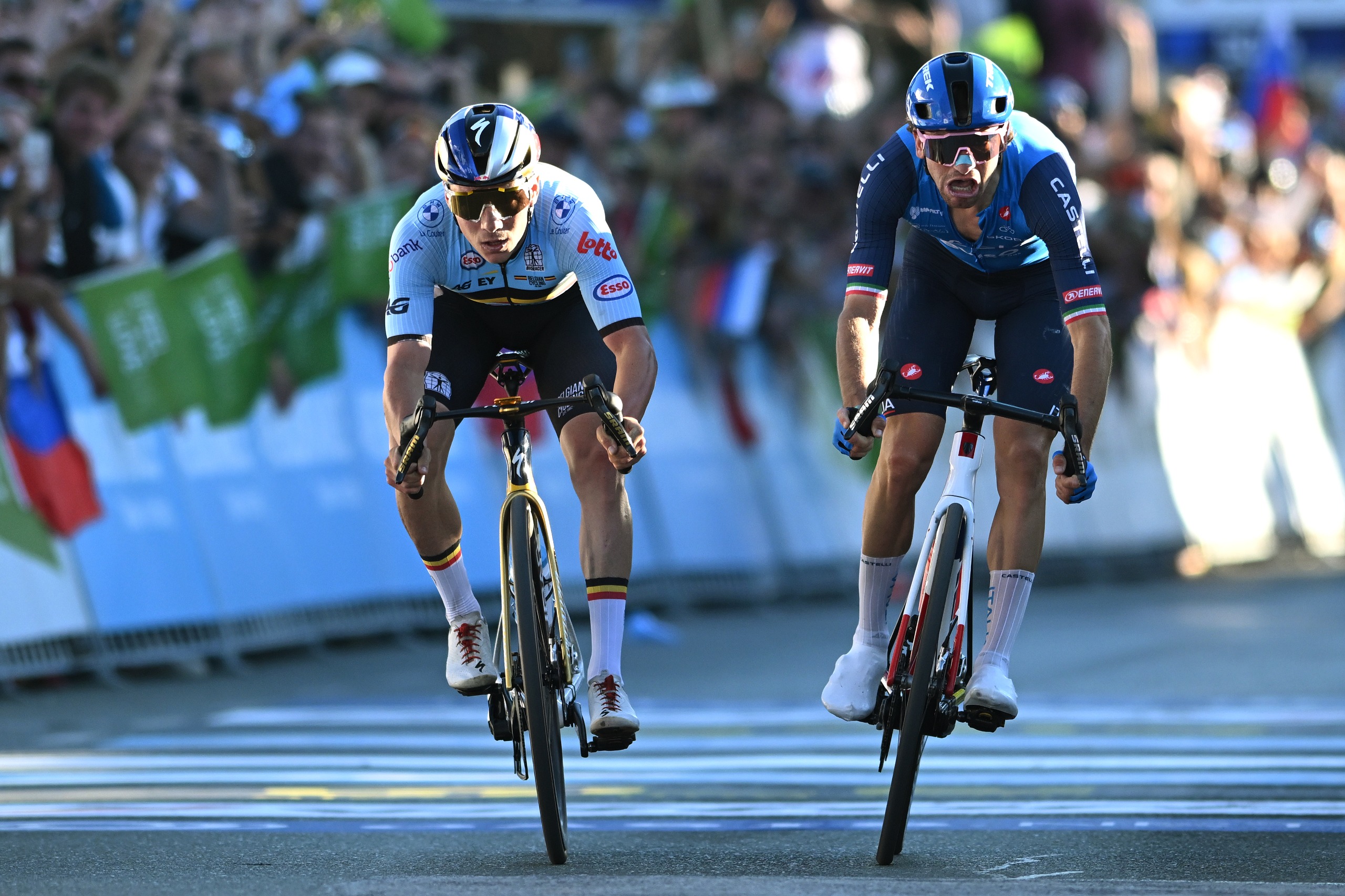 Remco Evenepoel and Giulio Ciccone at the finish of the elite men's race of the UEC European Championships 2026