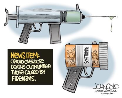 Political cartoon U.S. opioid deaths painkillers gun violence firearms