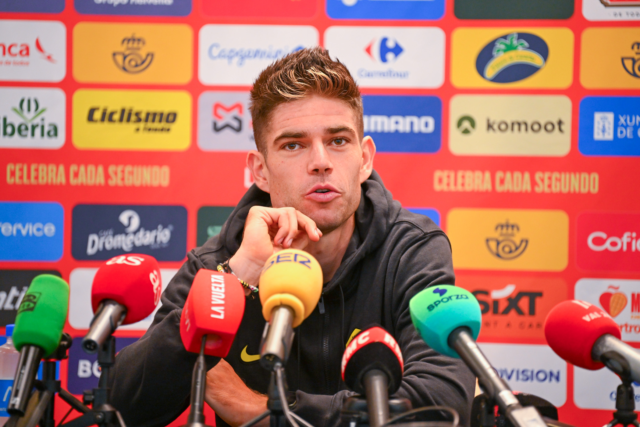 MONACO, MONACO - AUGUST 20: Wout van Aert of Belgium and Team Visma | Lease a Bike meets the media press during the La Vuelta - 81st Tour of Spain 2026, Press conference / #UCIWT / on August 20, 2026 in Monaco, Monaco. (Photo by Tim de Waele/Getty Images)
