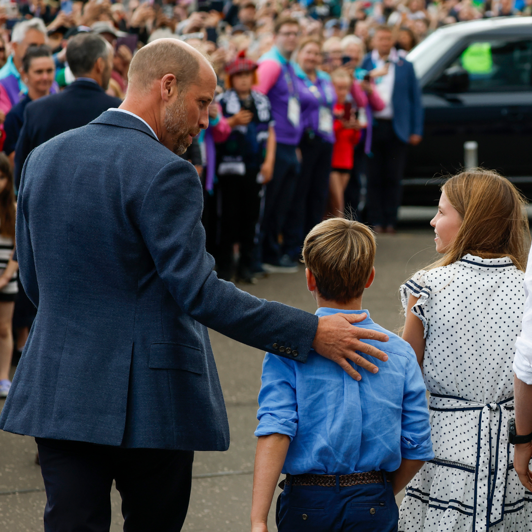 Prince William and Princess Kate with Prince George, Princess Charlotte and Prince Louis arrive for the Glasgow 2026 Commonwealth Games at The Hydro on August 1, 2026 in Glasgow, Scotland