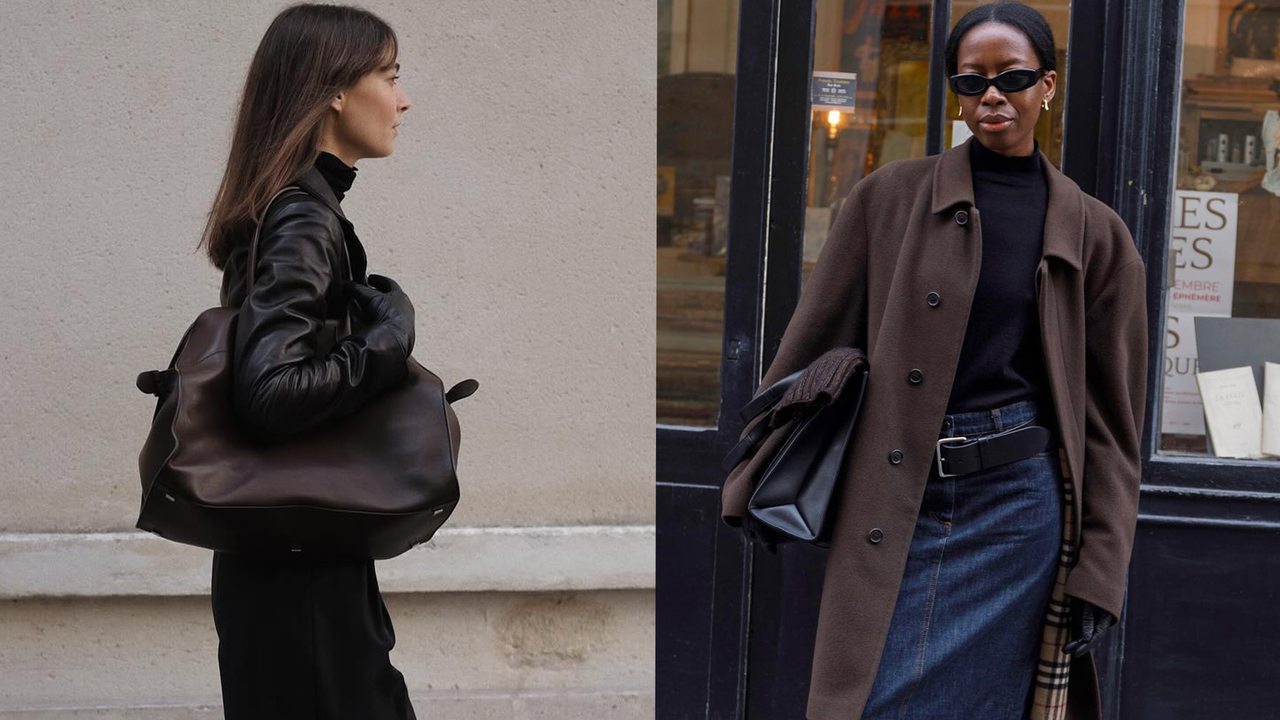 a collage of black turtleneck outfits worn by two french women, on the left one woman is showing how to wear a black turtleneck by styling the sweater with a black leather blazer, black trousers, brown slingback heels and a brown bag while on the right a woman is wearing a black mock neck knit with a brown coat, black belt, denim skirt, and black heels