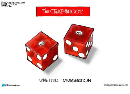 Political Cartoon U.S. Vetting immigration Trump travel ban crapshoot