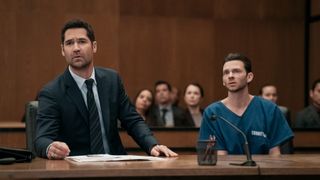 Manuel Garcia-Rulfo as Mickey Haller and Devon Graye as Julian La Cosse in court in The Lincoln Lawyer season 3 episode 9