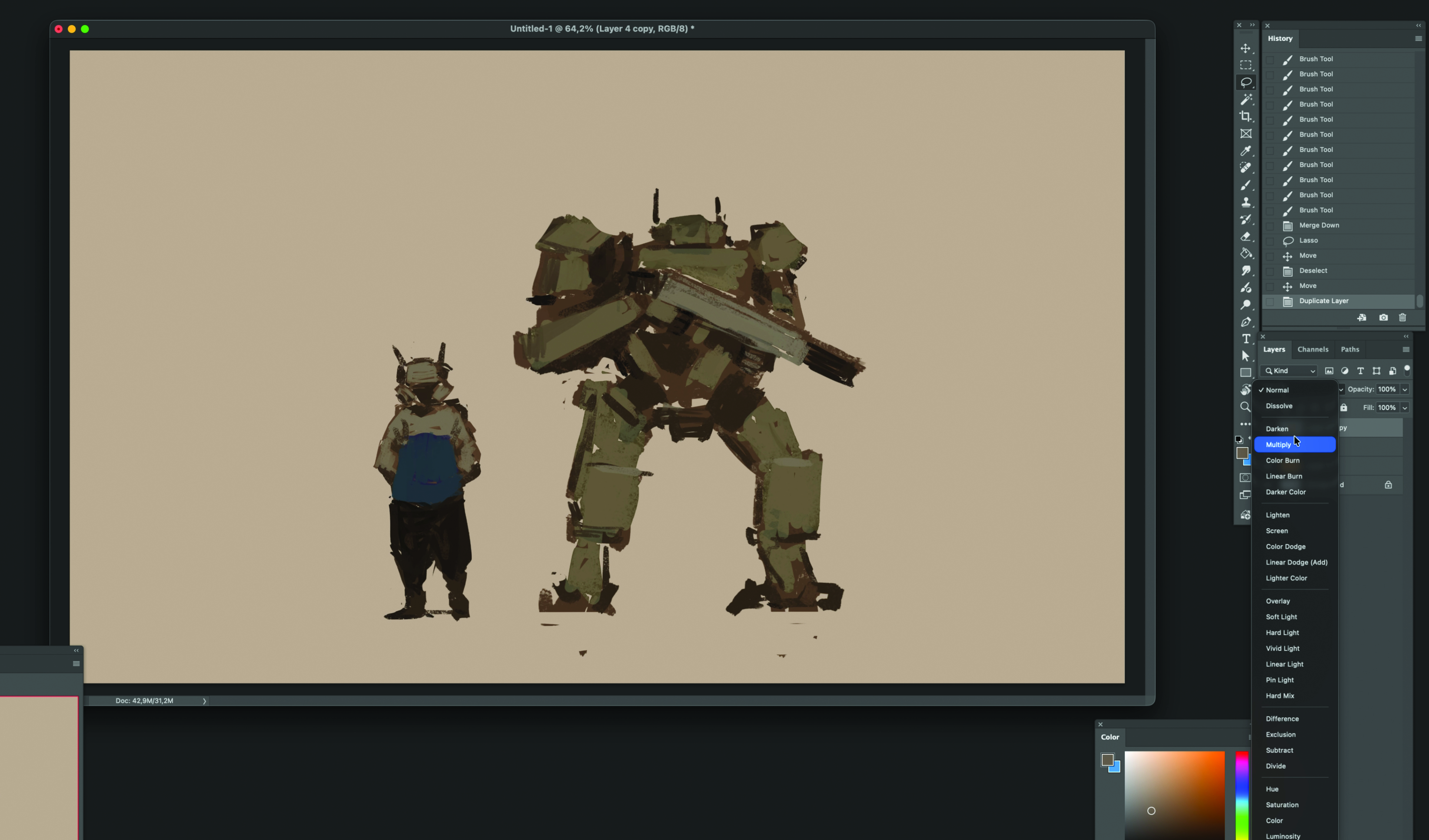 Part of the process of creating concept art with a robot character