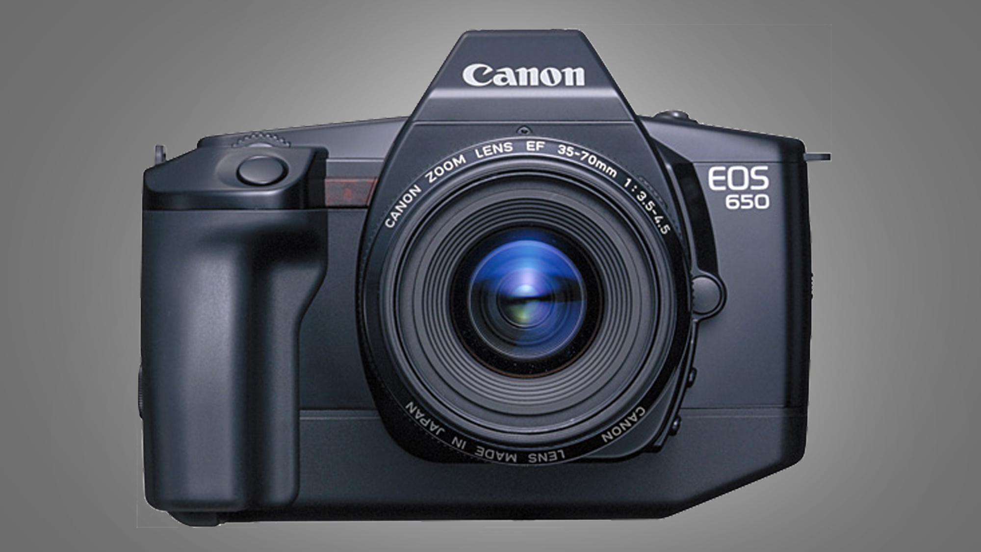 The Canon EOS 650 camera on a grey background