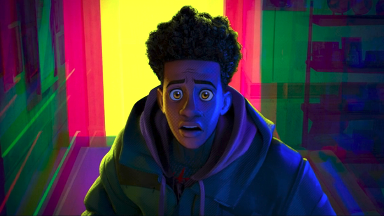 Miles Morales looking surprised to see his uncle (off camera) in Across The Spider-Verse