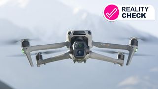 The DJI Air 3S drone flying with some mountains in the background