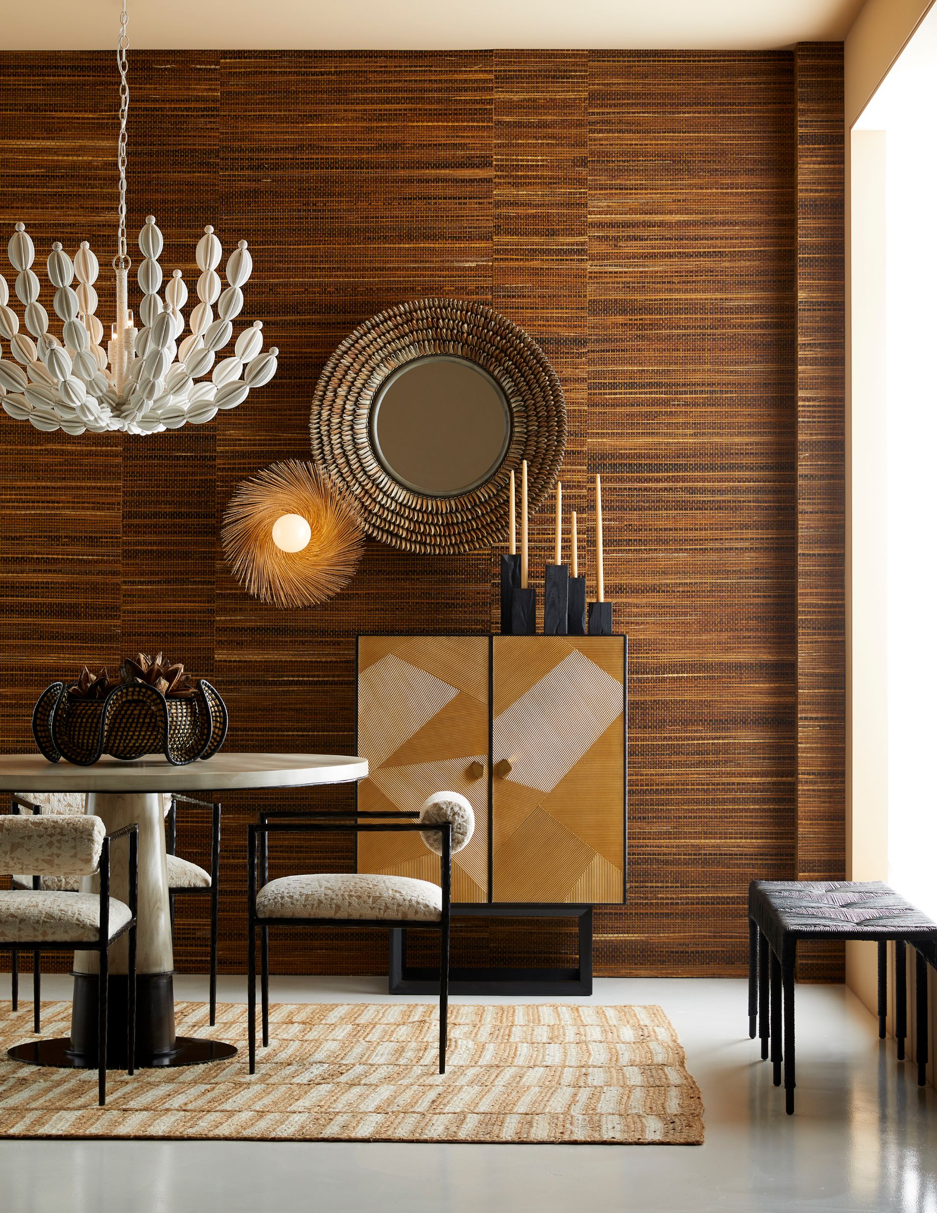 rustic sideboard in cabin style wooden room by Arteriors