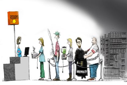 Political cartoon U.S. return line Brett Kavanaugh Supreme Court justice conservatives