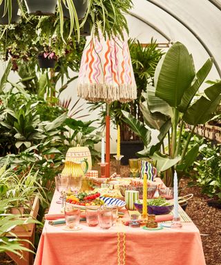 colorful alfresco table setting with parasol