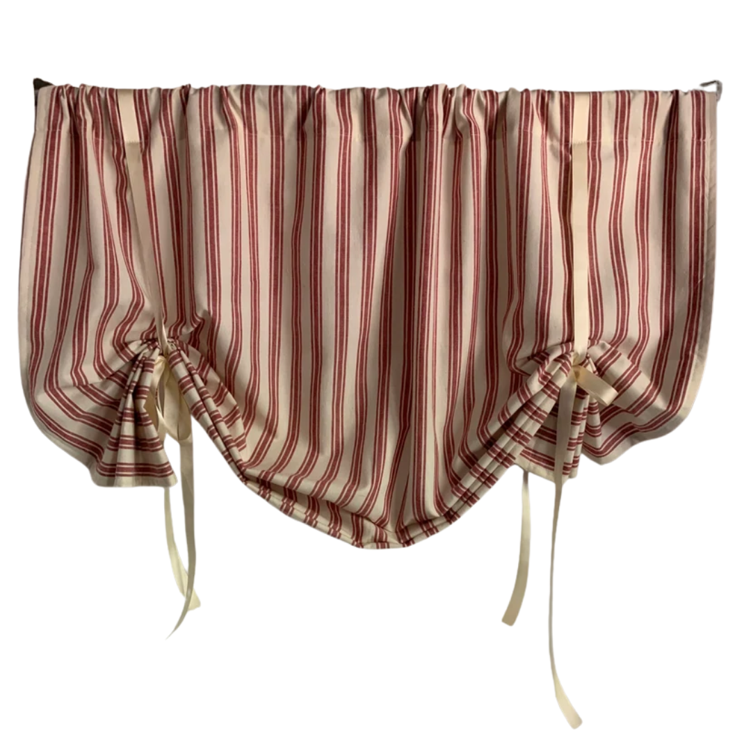 HomeSweetSweetHome, Tie Up Valance in Red and Off-White Homespun Fabric Adjustable With Ribbon Handmade