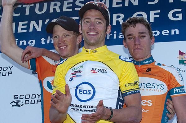A Genesys Wealth Advisers trifecta: The final Tour podium (l-r) Patrick Shaw (2nd), Nathan Haas (1st), and Anthony Giacoppo (3rd).