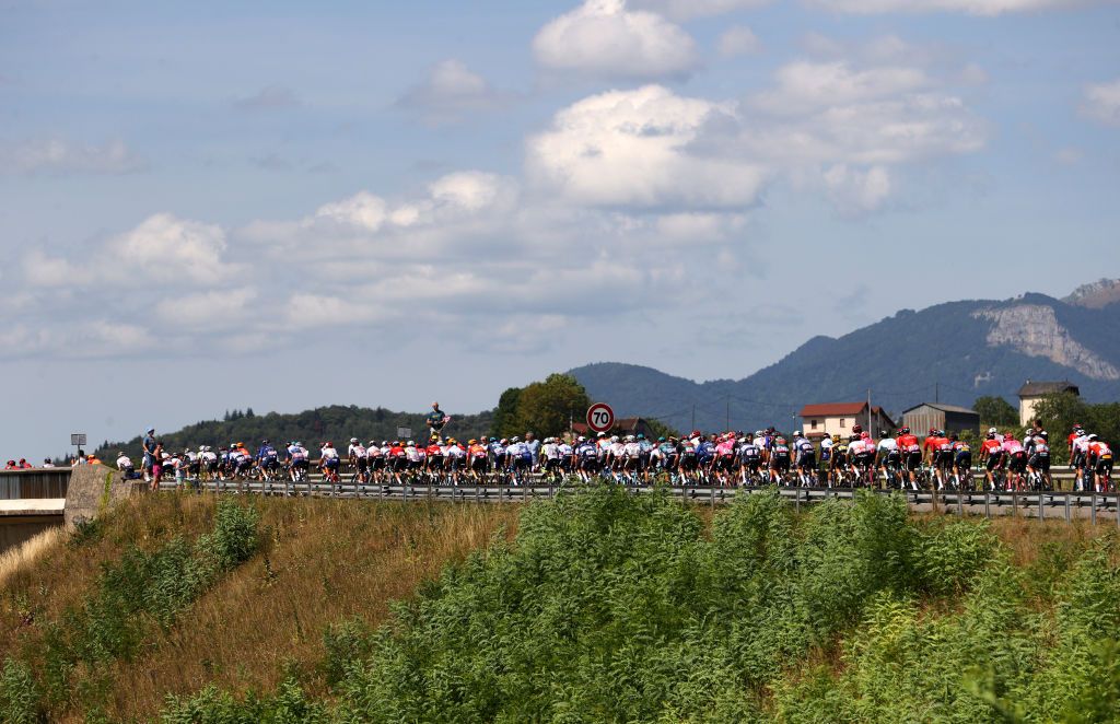 BOURGENBRESSE FRANCE JULY 20 A general view of the peloton competing during the stage eighteen of the 110th Tour de France 2023 a 1849km stage from Motiers to BourgenBresse UCIWT on July 20 2023 in BourgenBresse France Photo by Michael SteeleGetty Images