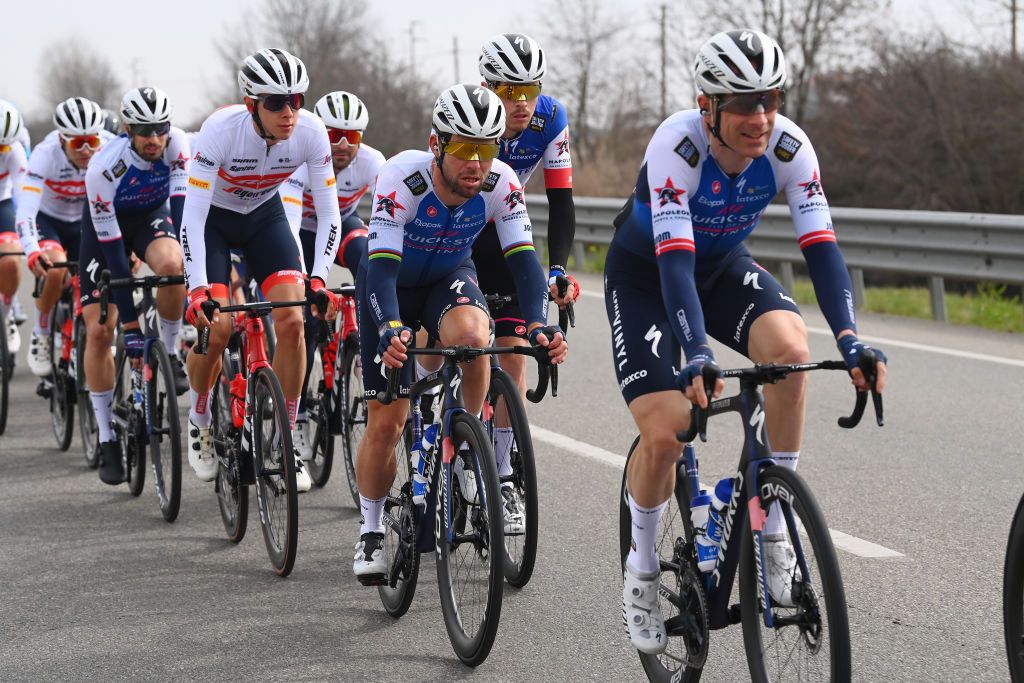 MILAN ITALY MARCH 16 LR Mark Cavendish of United Kingdom Rmi Cavagna of France and Michael Morkov of Denmark and Team QuickStep Alpha Vinyl compete during the 103rd MilanoTorino 2022 a 197km one day race from Magenta to Rivoli MilanoTorino on March 16 2022 in Milan Italy Photo by Tim de WaeleGetty Images