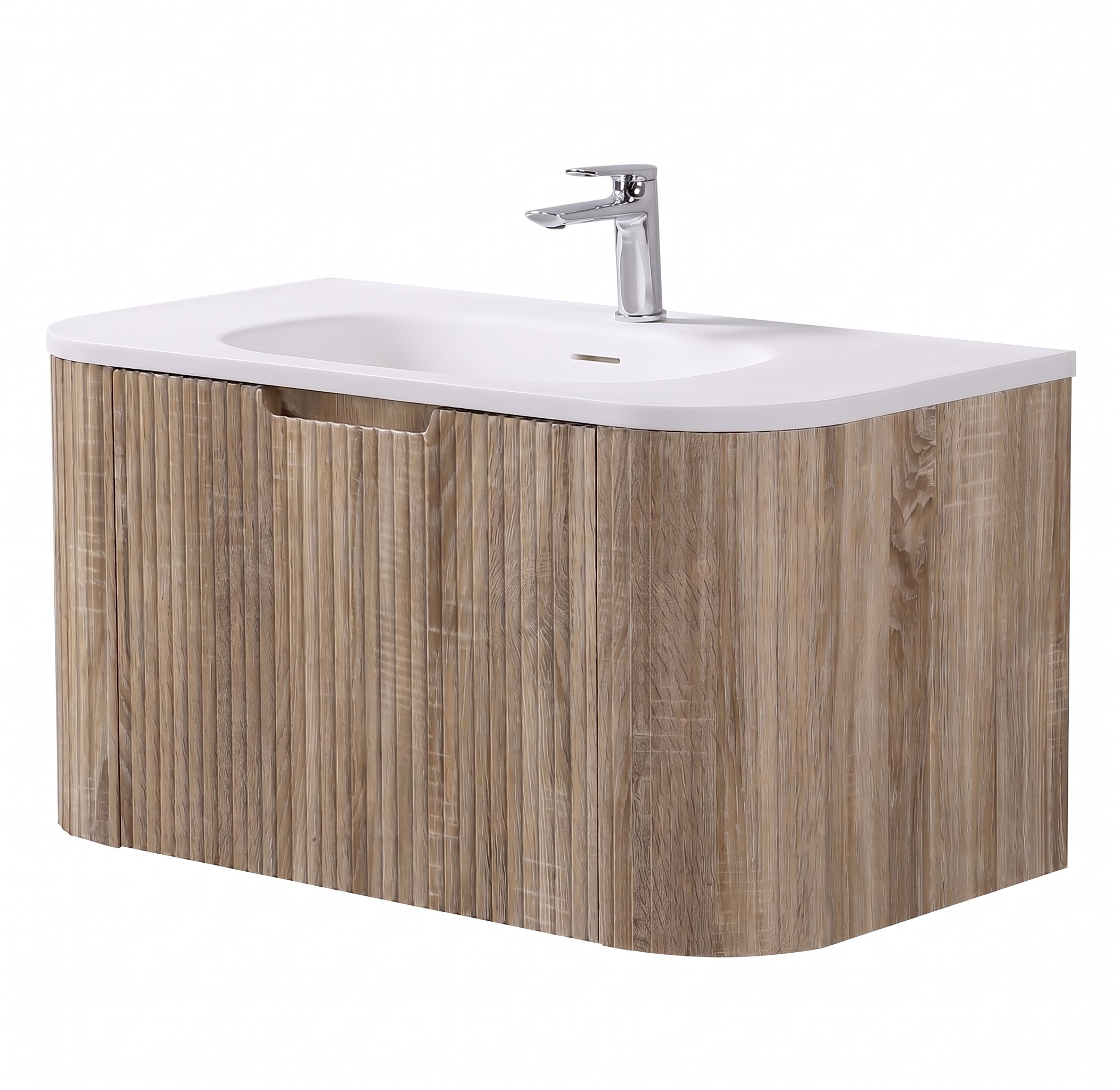Victorian Plumbing Arezzo 900mm Slatted Light Oak Wall Mounted Curved Vanity Unit with Matt White Basin against a white background
